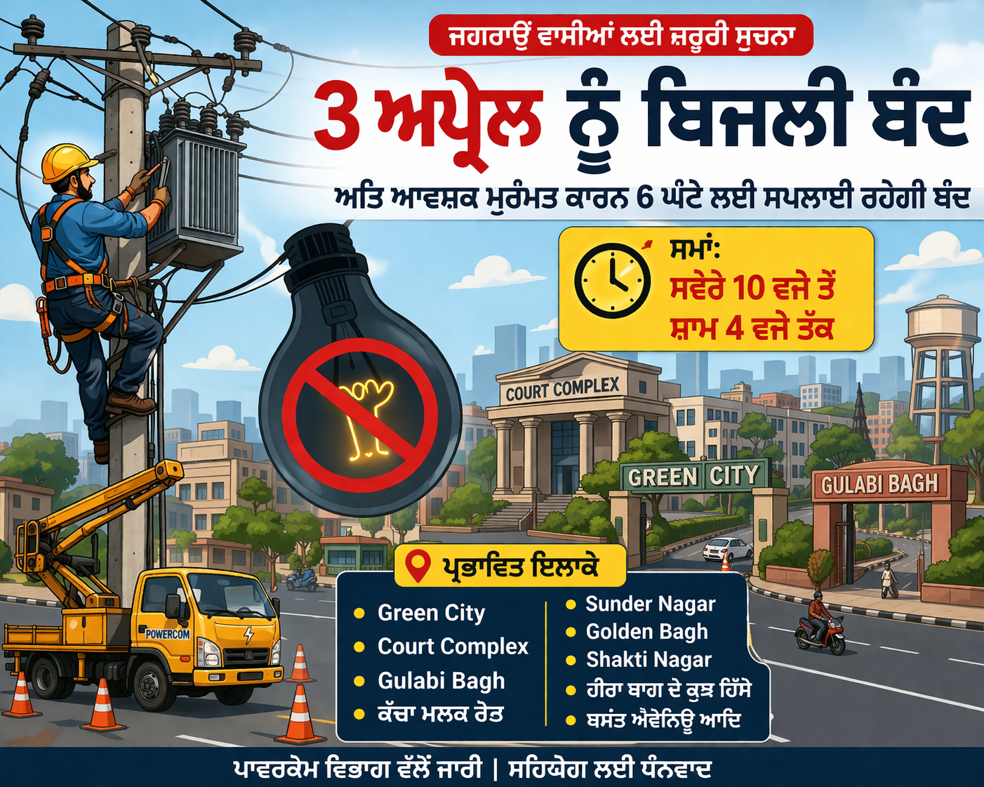 ਜਗਰਾਉਂ ਵਾਸੀ ਧਿਆਨ ਦੇਣ! ਕੱਲ੍ਹ ਸ਼ਹਿਰ ਦੇ ਕਈ ਇਲਾਕਿਆਂ ਵਿੱਚ 6 ਘੰਟੇ ਬਿਜਲੀ ਬੰਦ ਰਹੇਗੀ