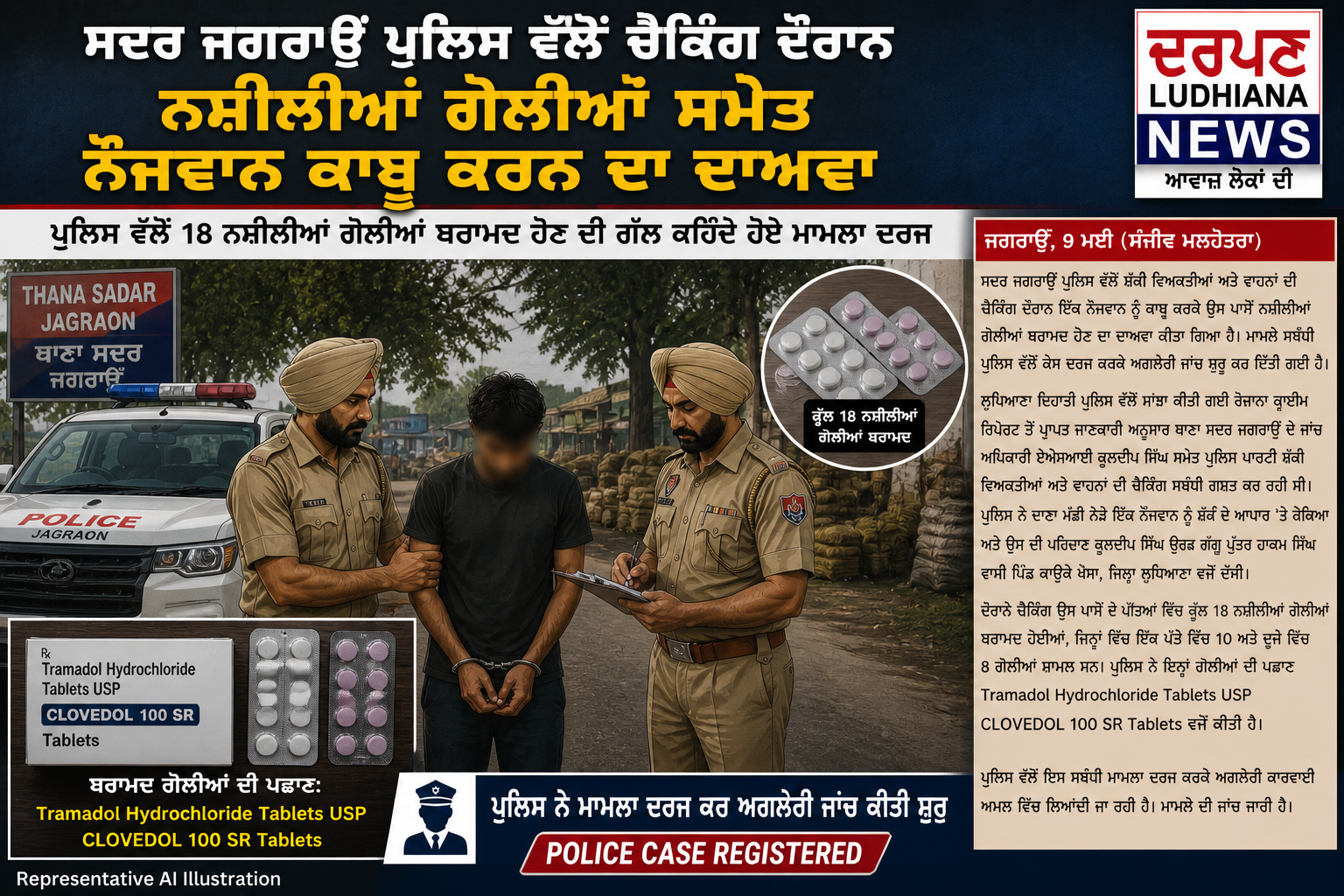 ਸਦਰ ਜਗਰਾਉਂ ਪੁਲਿਸ ਵੱਲੋਂ ਚੈਕਿੰਗ ਦੌਰਾਨ ਨਸ਼ੀਲੀਆਂ ਗੋਲੀਆਂ ਸਮੇਤ ਨੌਜਵਾਨ ਕਾਬੂ ਕਰਨ ਦਾ ਦਾਅਵਾ