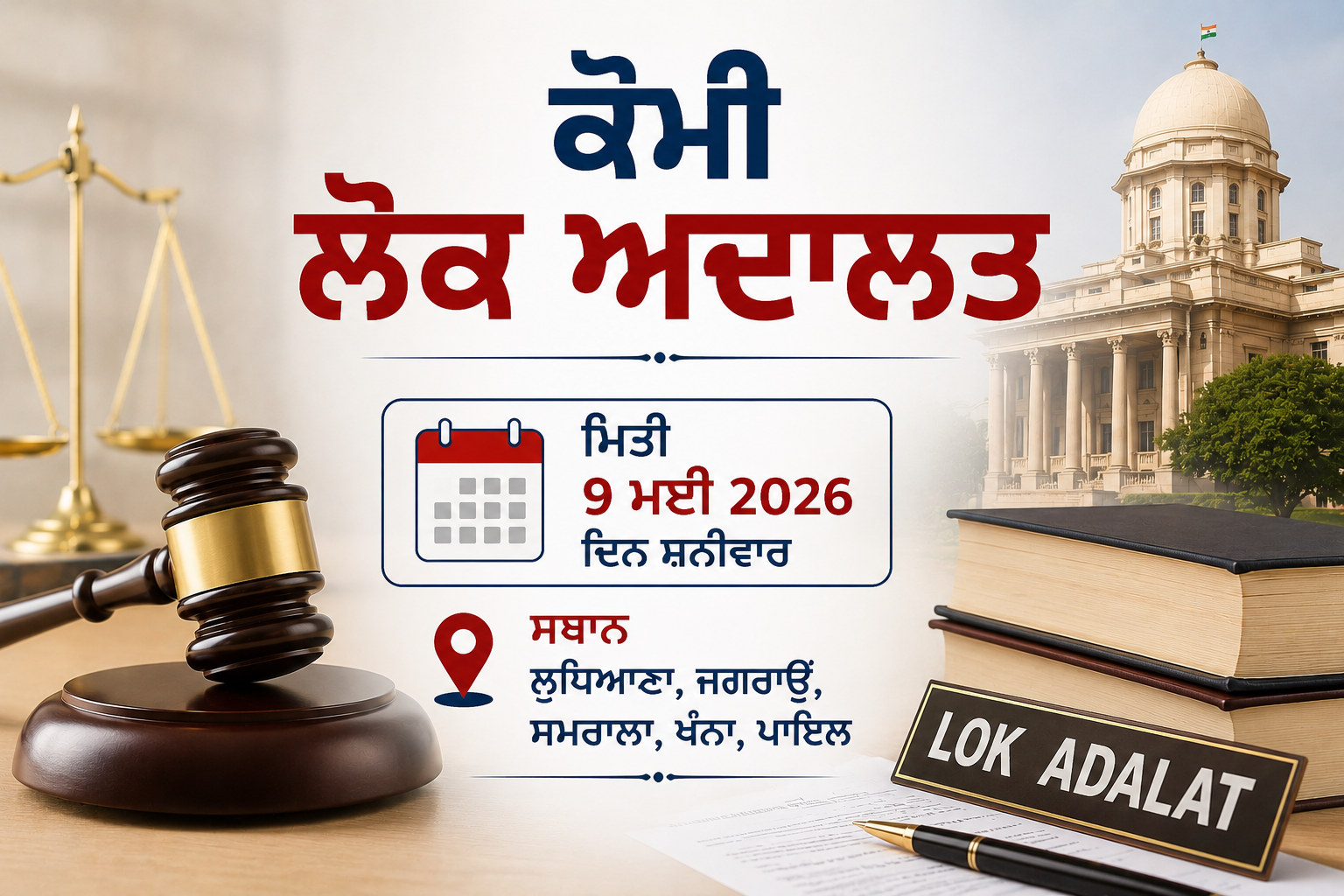 9 ਮਈ ਨੂੰ ਲੁਧਿਆਣਾ ਜ਼ਿਲ੍ਹੇ ਵਿੱਚ ਲੱਗੇਗੀ ਕੌਮੀ ਲੋਕ ਅਦਾਲਤ, 1 ਲੱਖ ਤੋਂ ਵੱਧ ਕੇਸਾਂ ਦੀ ਹੋਵੇਗੀ ਸੁਣਵਾਈ 🔹 ਲੁਧਿਆਣਾ, ਜਗਰਾਉਂ, ਸਮਰਾਲਾ, ਖੰਨਾ ਅਤੇ ਪਾਇਲ ਵਿੱਚ ਬਣਾਈਆਂ ਗਈਆਂ ਵਿਸ਼ੇਸ਼ ਬੈਂਚਾਂ